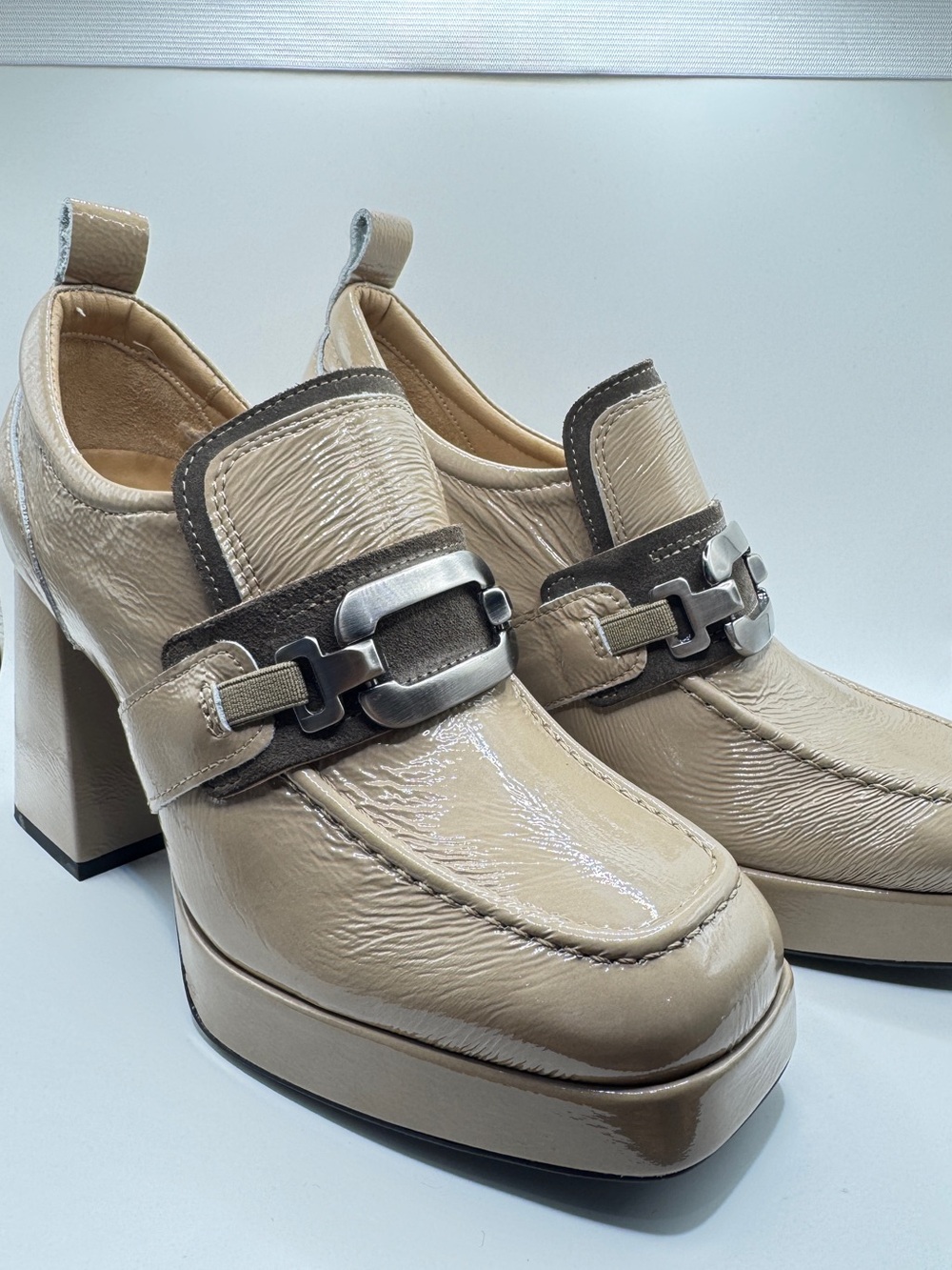 Casta Josh Chunky Platform Heeled Loafers Taupe Cream Patent 39 - see pics pls.
